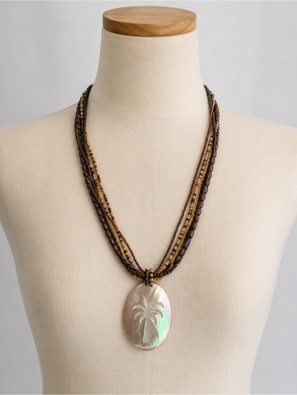 Palm Tree Shell Pendant Necklace Multi Strand Beaded Coastal Oceana Trading NWT